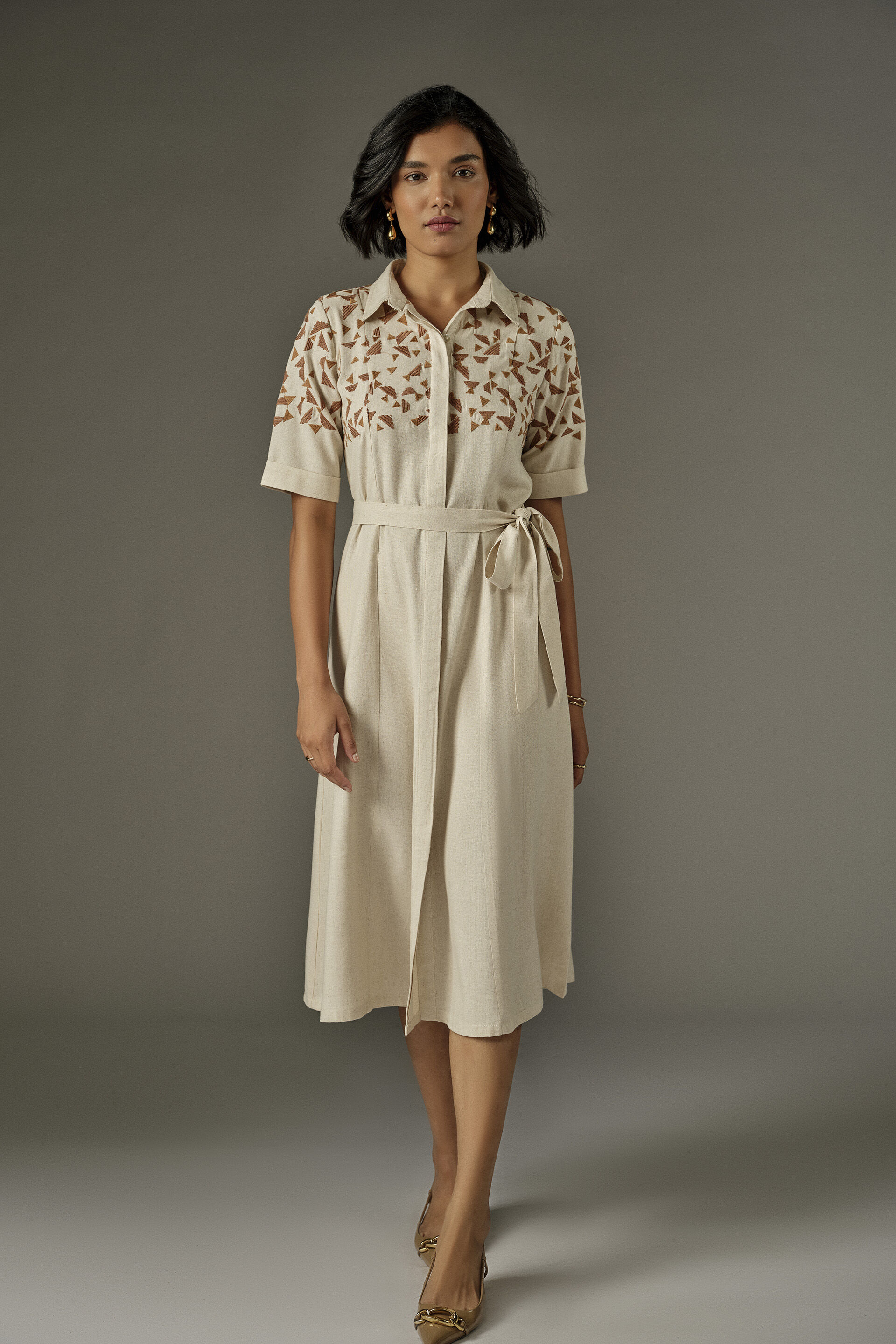 Geometric Embroidered Shirt Dress in Natural